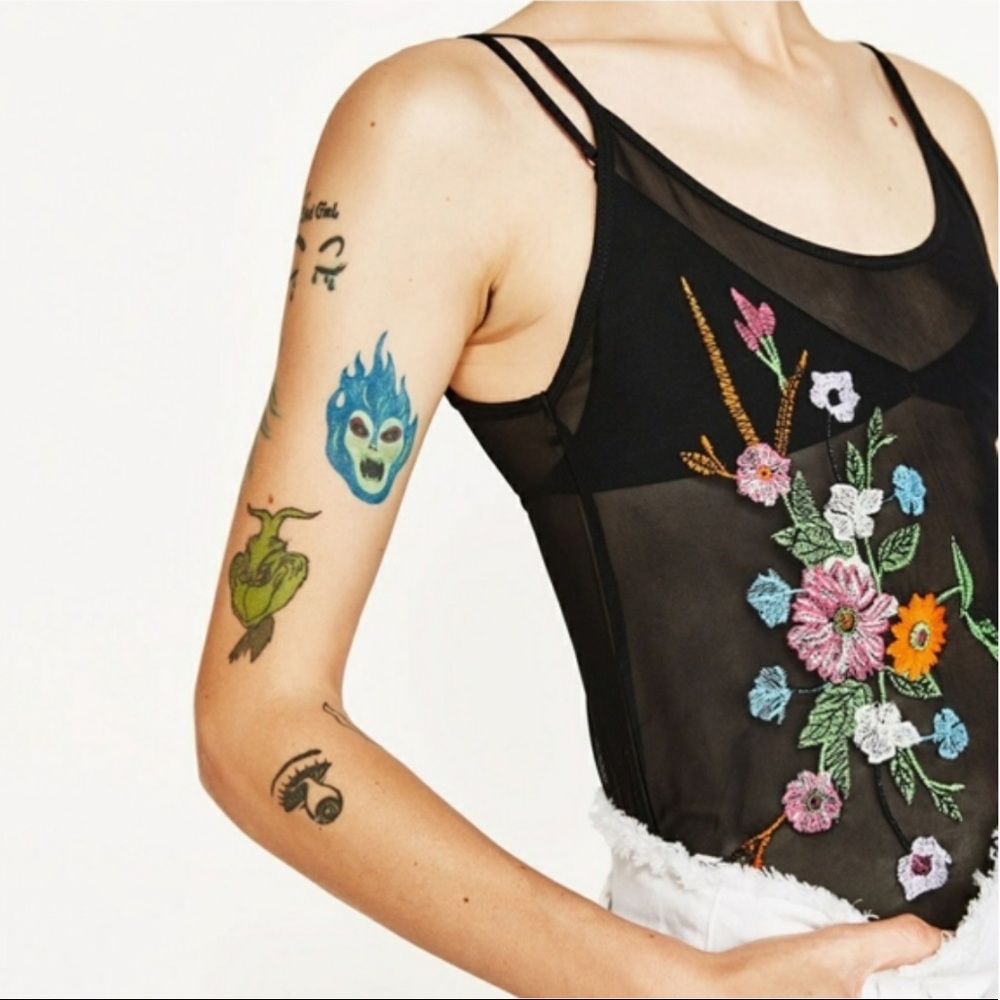 zara Sheer Embroidered Bodysuit Black Size S New